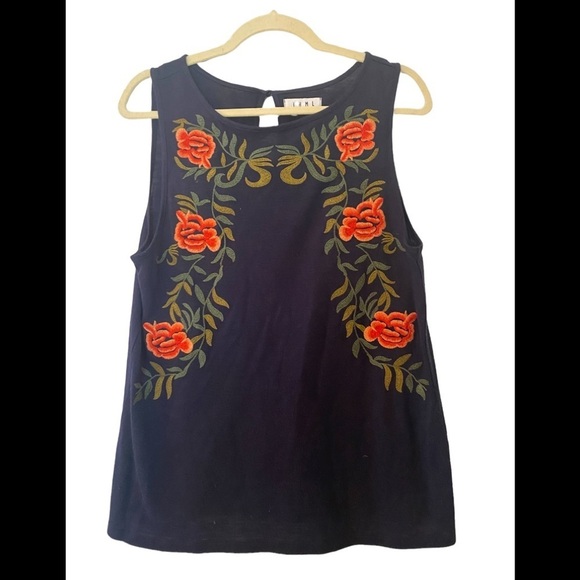 THML Tops - THML sleeveless navy top with coral, green and gold embroidered floral size L